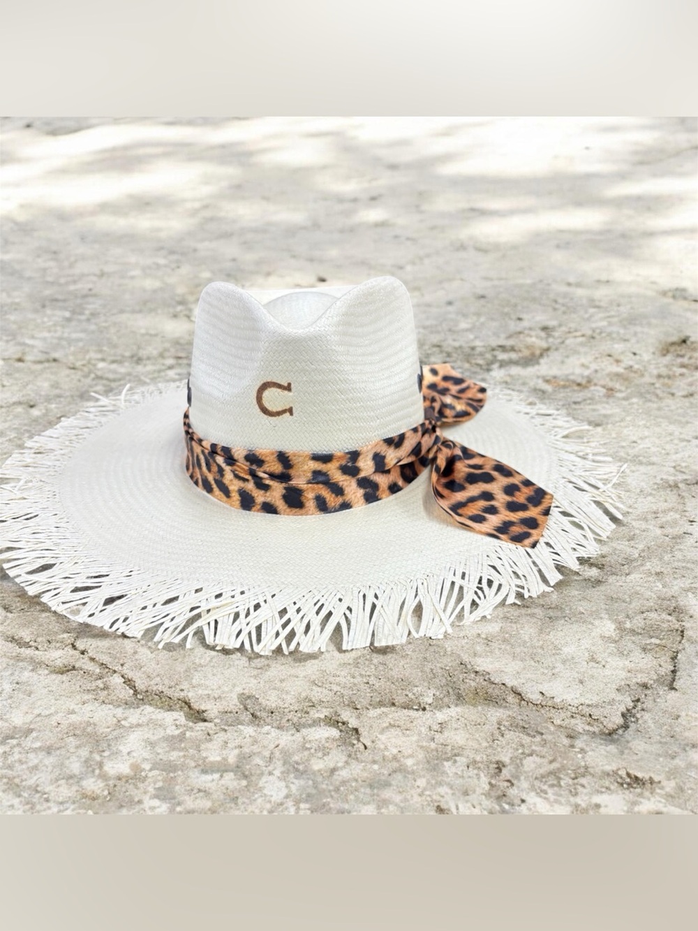 White Straw Sun Hat with Leopard Band.